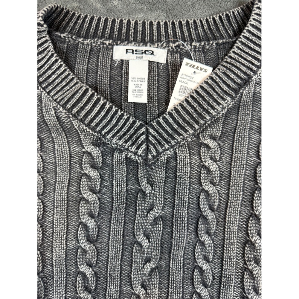 RSQ Black Wash Cable Knit Cropped V Neck Sweater Small grannycore - Picture 4 of 8